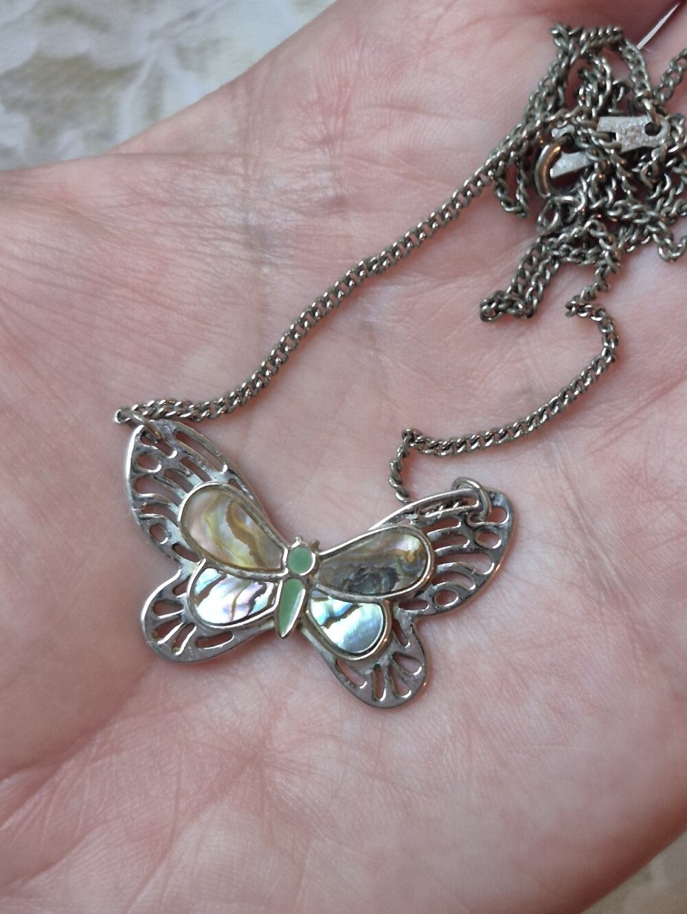 Vintage 1970s Artistry Silver Butterfly Pendant Necklace with Iridescent Inlay